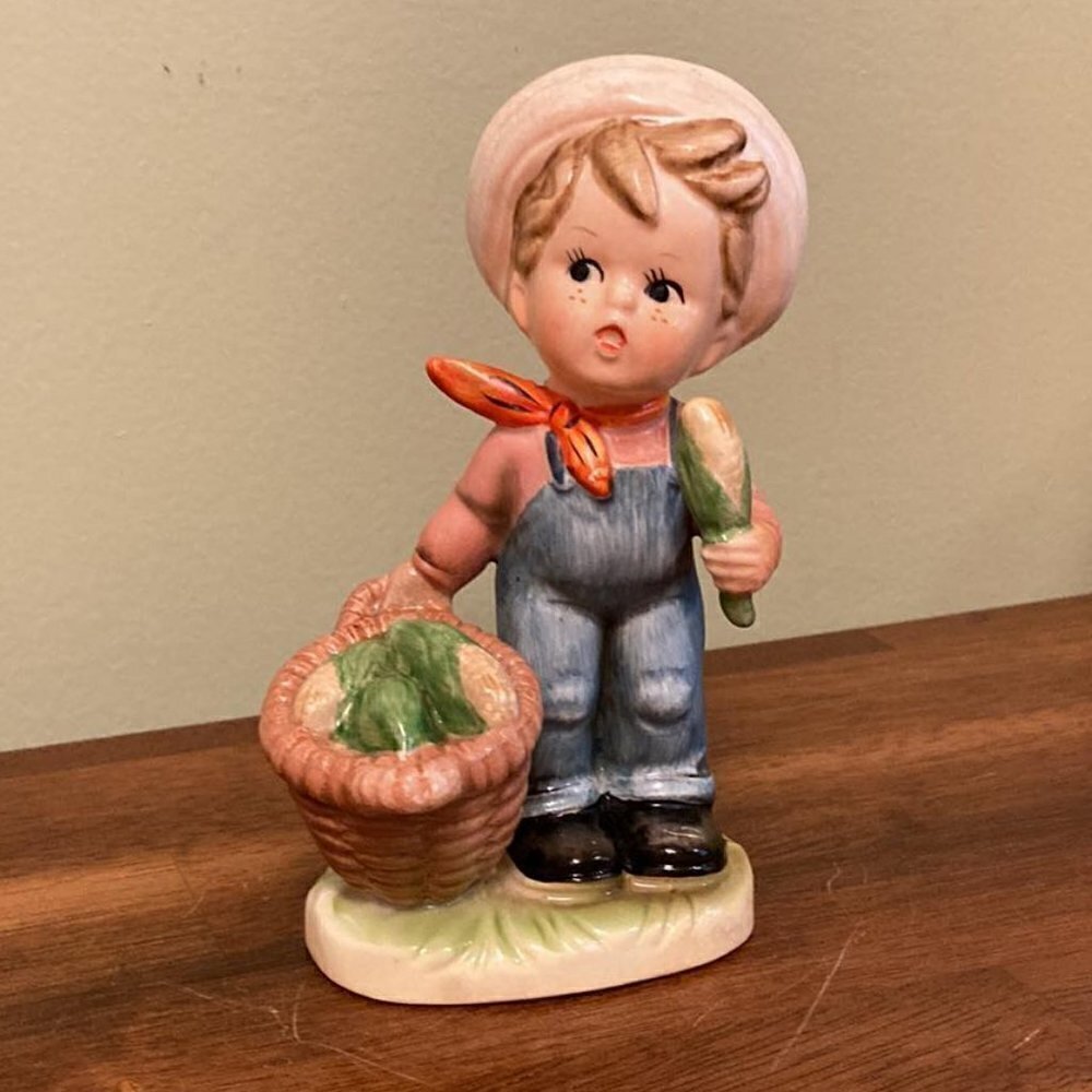 Vintage Napcoware Ceramic Figurine 7656 Farm Boy holding Corn Basket